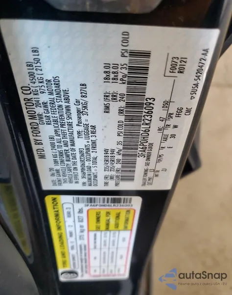 2020 Ford Fusion Se from USA, damaged, VIN 3FA6P0HD6LR236093